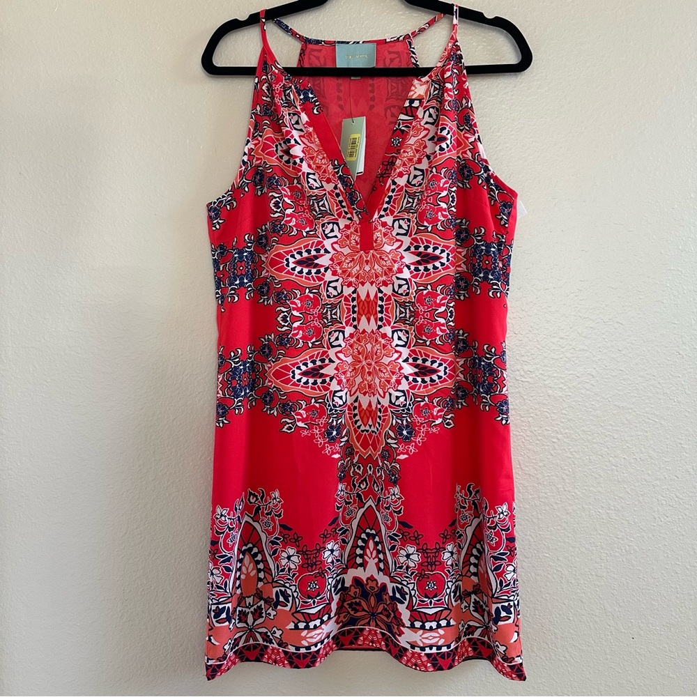 Skies are Blue Border Print Halter Mini Boho Dress in Red - Navy Size M